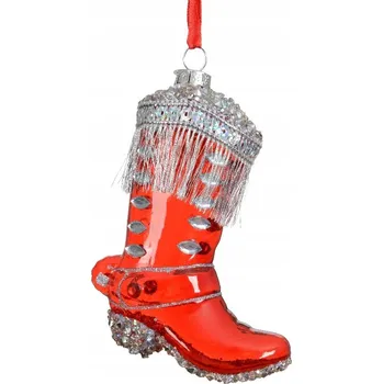 Vánoční ozdoba Vánoční Koule skleněná bota kovbojská - červená s třpytkami