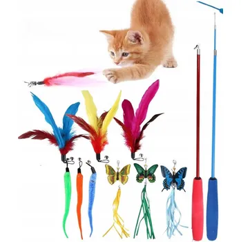 Obraz 2x Teleskopická udice/hračka PRO KOČKY + 9 Vyměnitelných Nástavců (Hadi, Pírka, Motýlci)
