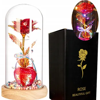 umělá květina UMĚLÁ STABILIZOVANÁ RŮŽE VE SKLE SE SRDCEM OSVĚTLENÍ DÁREK NA VALENTÝNA