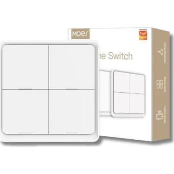 vypínač Čtyřnásobný Chytrý Vypínač Smart Life WiFi MOES ZigBee Tuya Bílý, 3 Režimy Párování
