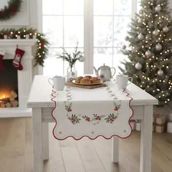 Vánoční dekorace Ubrus Vánoční, Vánoční bobule červenozlaté, bílý