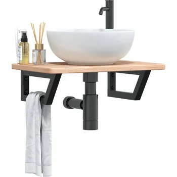 Koupelnový nábytek Deska Pod Umyvadlo Nástěnná Ocel A Masivní Dubové Dřevo Hnědo-Černá lichobě