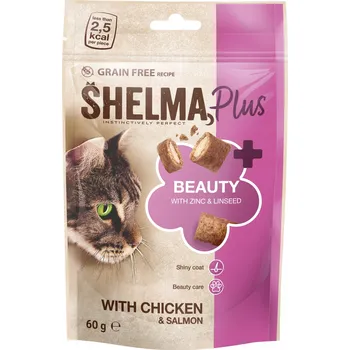 Krmivo pro kočku POCHOUTKY PRO KOČKY SHELMA POLŠTÁŘKY S KUŘECÍM A LOSOSEM 60G BEZ OBILOVIN
