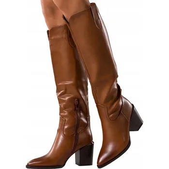 Dámské kozačky KOZAČKY Dámské Camelové Pohodlné Podpatek Hranatý Střih na Svršek Módní vel. 40