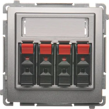 Elektrická zásuvka Zásuvka reproduktorová 4 násobná, s popisným polem, Simon Basic BMGL34.01/43, stříbrná metalizovaná