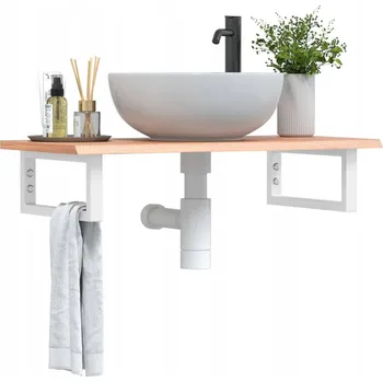 Koupelnový nábytek Deska Pod Umyvadlo Nástěnná Ocel A Masivní Dubové Dřevo Světle Hnědá A Bílá