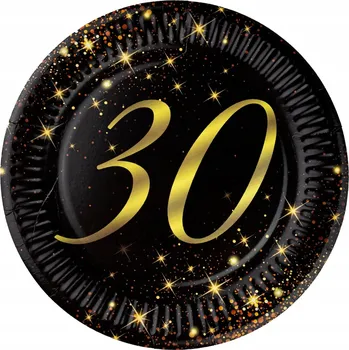 Talíř Papírové talířky černé Sparkling 30. narozeniny 18 cm 6 Ks