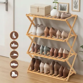 Botník ÚZKÝ BAMBUSOVÝ BOTNÍK SE 4 POLICEMI, ORGANIZÉR NA BOTY, REGÁL NA BOTY