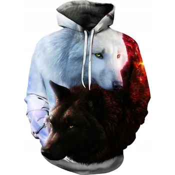 Pánská mikina Pánská mikina s kapucí VLK, Motiv Dva Vlci 3D Potisk - S