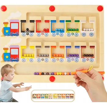 Dřevěná hračka DŘEVĚNÝ MAGNETICKÝ LABYRINT MONTESSORI VÝUKA BAREV A POČÍTÁNÍ