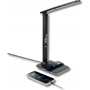 Lampička Stolní Lampa s Hodinami, Indukční Nabíječkou, Kalendářem, Teploměrem a USB