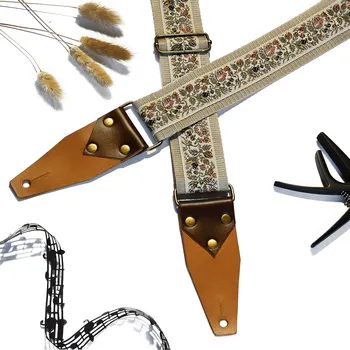 Kytarový popruh Popruh na kytaru BigBo "Floral Ranger" Kytarový popruh krémový, béžový, s květinami