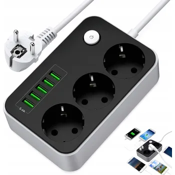 Napájecí kabel PRODLUŽOVACÍ KABEL ZÁSUVKOVÁ LIŠTA 3 ZÁSUVKY + 6 USB UZEMNĚNÍ NAPÁJECÍ KABEL