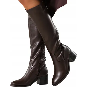 Dámské kozačky KOZAČKY Dámské Čokoládové POHODLNÉ Podpatek Blok Pásek S Přezkou MÓDNÍ vel. 40