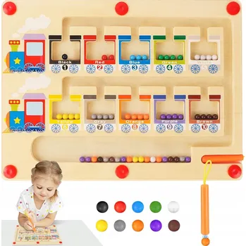 Dřevěná hračka MAGNETICKÝ LABYRINT MONTESSORI VÝUKA BAREV A POČÍTÁNÍ TŘÍDIČ VLÁČEK
