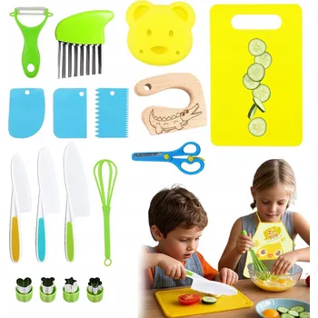 Kuchyňský nůž SADA NA VAŘENÍ PRO DĚTI NOŽE NA KRÁJENÍ S PRKÉNKEM KITCHEN SET 17 DÍLŮ
