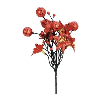 Vánoční dekorace Větvička s kouličkami a vánoční hvězdou 24 cm červená