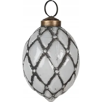 Vánoční ozdoba Šedá skleněná vánoční koule s s puntíky a šedými kosočtverci - 6 x 8 cm