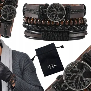 Náramek PÁNSKÝ NÁRAMEK SET ČERNÁ HNĚDÁ S STROMKEM ŠTĚSTÍ 4V1