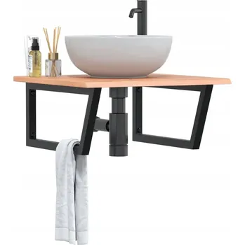 Koupelnový nábytek Deska Pod Umyvadlo Nástěnná Ocel A Masivní Dubové Dřevo Světle Hnědá A Čern