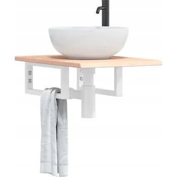 Koupelnový nábytek Deska Pod Umyvadlo Nástěnná Ocel A Masivní Dubové Dřevo Hnědá A Bílá Obdéln