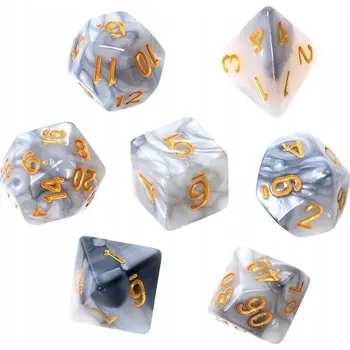 Příslušenství k deskovým hrám Rebel Sada RPG kostek - Dvoubarevné - Ocelově bílé (zlaté číslice)
