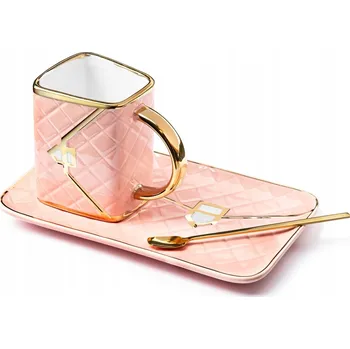 HRNEK - KABELKA růžový s PODŠÁLKEM a zlatou LŽIČKOU - SADA na čaj