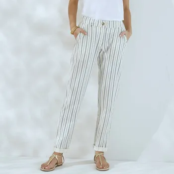 Proužkované chino kalhoty s pružným pasem, plátno z bavlny a lnu režná/modrá 38