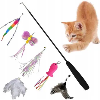 Hračka pro kočku TELESKOPICKÝ PRUT PRO KOČKY 7 VYMĚNITELNÝCH NÁSTAVCŮ PÍRKA ZMIJKA RYBKA MOTÝL
