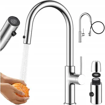 Vodovodní baterie KUCHYŇSKÁ BATERIE MODERNÍ OTOČNÁ NIKL KARTÁČOVANÝ S 2 FUNKCEMI SPRCHY