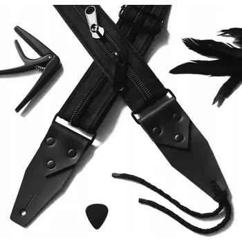 Kytarový popruh Kytarový popruh BigBo Ultra Black, Černý, Kožené koncovky, Držák na trsátka