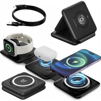 INDUKČNÍ NABÍJEČKA PRO APPLE IPHONE BEZDRÁTOVÁ CESTOVNÍ 3V1 ČERNÁ