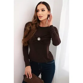 Dámská halenka Kesi Włoski Dámská blůza z viskózy přiléhavá s drapováním a broží hnědá Kesi Włoski modrá | hnědá 3444704