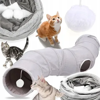 Hračka pro kočku HRAČKA PRO KOČKY S MÍČKY VELKÝ ŠEDÝ TUNEL 117 CM SKLÁDACÍ SKRYTÝ ÚCHYT