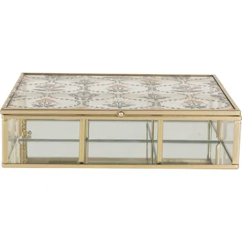 Šperkovnice Mosazná antik kovová skleněná šperkovnice s květinami - 20*16*5 cm