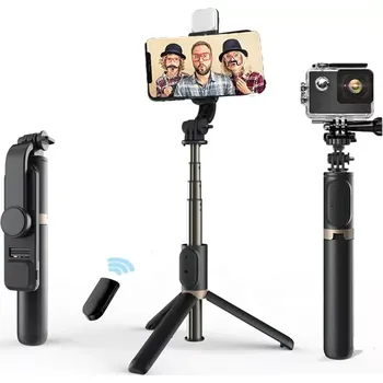 Selfie tyč Selfie tyč Tripod Techsuit Q03s, s dálkovým ovládáním Bluetooth a výplňovým světlem, hliníková slitina, 76 cm - černá