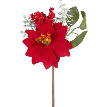 Vánoční dekorace Vetvička MagicHome Vianoce, s kvetom poinsettia, červená, 19 cm