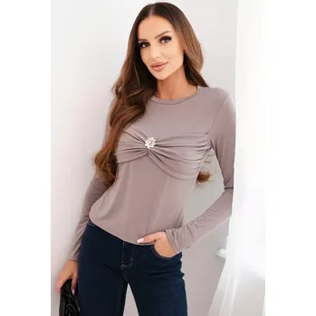 Dámská halenka Kesi Włoski Dámská blůza z viskózy přiléhavá s nařasením a broží fango Kesi Włoski hnědá 3444234