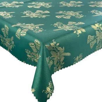 ubrus Obrus Oboustranný Odolný Skvrnám Vánoční Zvonky Zelený Zlatý 140x140 cm