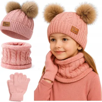 Čepice AZAJ dětský komplet 3 ks, růžový, velikost one size