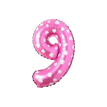 Balónek FÓLIOVÝ BALÓNEK ČÍSLICE 9 RŮŽOVÝ SRDÍČKA NAROZENINY 40cm