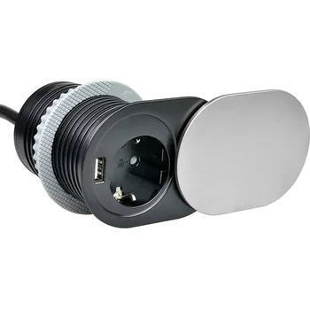 Elektrická zásuvka Zásuvkový blok s posuvným víkem, 1x zásuvka 230V (schuko) a 1x USB-A nabíječka, PD20W, kabel 1.9m, barva stříbrná