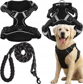 Postroj pro psa POSTROJ PRO PSA s Vodítkem Silný Taktický Reflexní Vodítko 150 cm Černý L