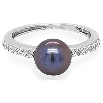 Prsten Zlatý Prsten s Černou Perlou a Zirkony 7130304