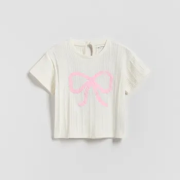 Dívčí tričko Reserved - Bavlněné tričko s aplikací - krémová - 572FT-01X - 572FT-01X-92