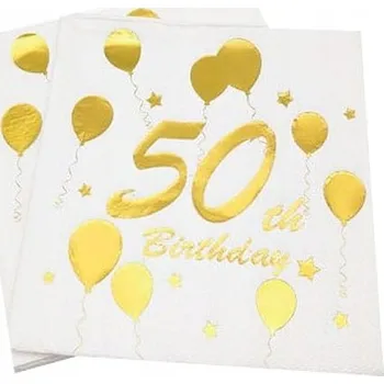 Papírový ubrousek SERVÍTKY K 50. NAROZENINÁM BALÓNKY BÍLO-ZLATÉ 33X33CM 10 KS NA 50. NAROZENINY