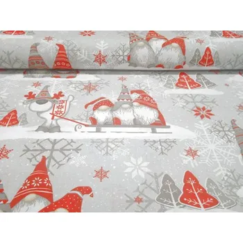 Plátno bavlněné, vánoční motiv - trpaslíci na šedé, metráž, látky