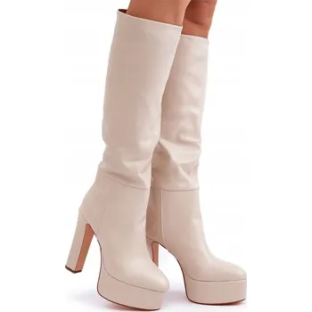 Dámské kozačky KOZAČKY NA VYSOKÉM PODPATKU (SLOUPEK) A PLATFORMĚ, NASOUVACÍ, EKO KŮŽE, BÉŽOVÉ, VELIKOST 38