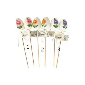 Velikonoční dekorace Vajíčko plastové 6 cm + špejle bílé s kytičkami