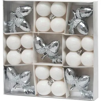 Vánoční dekorace Gule MagicHome Vianoce, sada, 21 ks, biele-strieborné, mix, na vianočný stromček